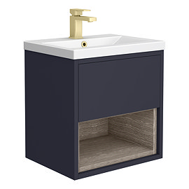 Arezzo Senza 500mm Matt Blue / Vicenza Oak Wall Hung Vanity Unit with Open Shelf + Ceramic Basin
