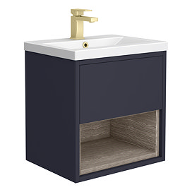 Arezzo Senza 500mm Matt Blue / Vicenza Oak Wall Hung Vanity Unit with Open Shelf + Ceramic Basin