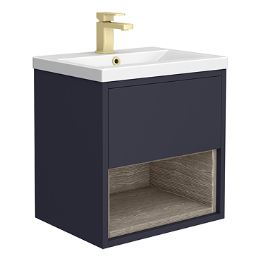 Arezzo Senza 500mm Matt Blue / Vicenza Oak Wall Hung Vanity Unit with Open Shelf + Ceramic Basin  Pr