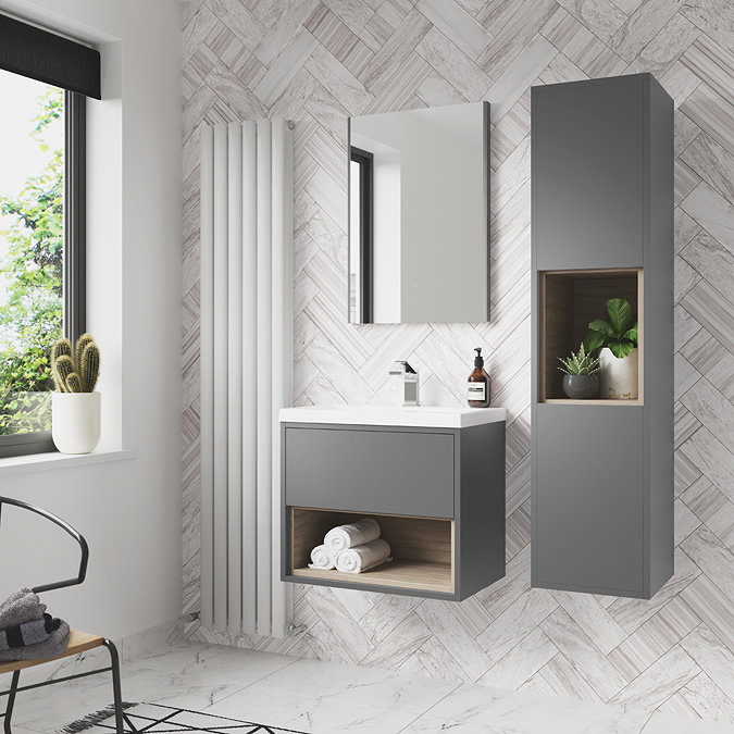 Arezzo Senza 500mm Matt Grey / Vicenza Oak Wall Hung Vanity Unit with Open Shelf + Ceramic Basin  Feature Large Image