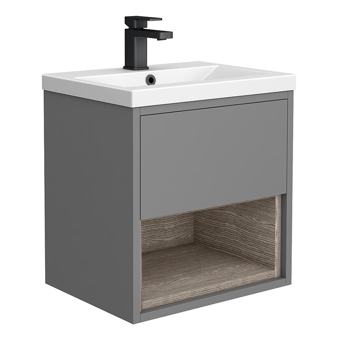 Arezzo Senza 500mm Matt Grey / Vicenza Oak Wall Hung Vanity Unit with Open Shelf + Ceramic Basin