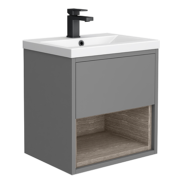 Arezzo Senza 500mm Matt Grey / Vicenza Oak Wall Hung Vanity Unit with Open Shelf + Ceramic Basin  Pr