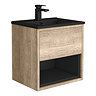 Arezzo Senza 500mm Rustic Oak / Matt Black Wall Hung Vanity Unit with Open Shelf + Matt Black Slimline Basin