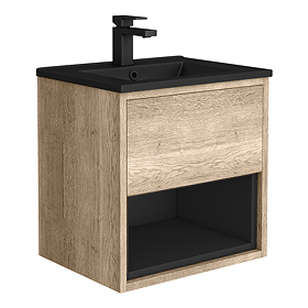 Arezzo Senza 500mm Rustic Oak / Matt Black Wall Hung Vanity Unit with Open Shelf + Matt Black Slimline Basin