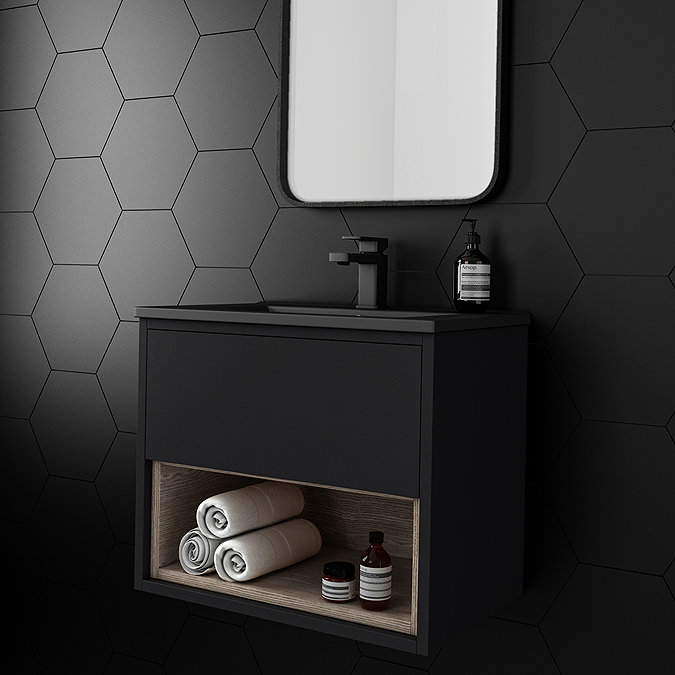 Arezzo Senza 600mm Matt Black / Vicenza Oak Wall Hung Vanity Unit with Open Shelf + Matt Black Slimline Basin