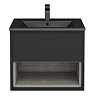 Arezzo Senza 600mm Matt Black / Vicenza Oak Wall Hung Vanity Unit with Open Shelf + Matt Black Slimline Basin