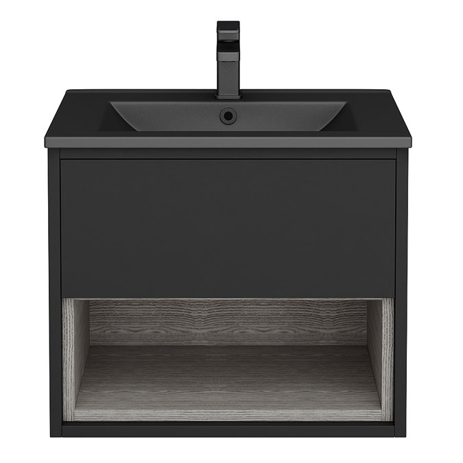 Arezzo Senza 600mm Matt Black / Vicenza Oak Wall Hung Vanity Unit with Open Shelf + Matt Black Slimline Basin