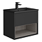 Arezzo Senza 600mm Matt Black / Vicenza Oak Wall Hung Vanity Unit with Open Shelf + Matt Black Slimline Basin