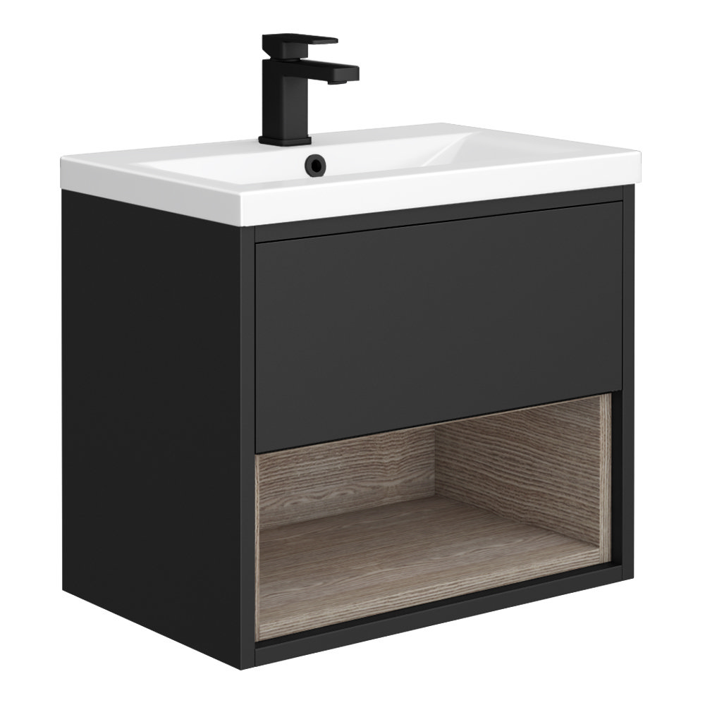 Arezzo Senza 600mm Matt Black Vicenza Oak Wall Hung Vanity Unit