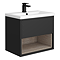 Arezzo Senza 600mm Matt Black / Vicenza Oak Wall Hung Vanity Unit with Open Shelf + Ceramic Basin