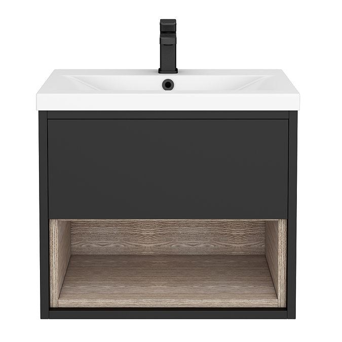 Arezzo Senza 600mm Matt Black / Vicenza Oak Wall Hung Vanity Unit with Open Shelf + Ceramic Basin