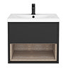 Arezzo Senza 600mm Matt Black / Vicenza Oak Wall Hung Vanity Unit with Open Shelf + Ceramic Basin