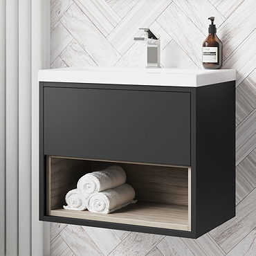 Arezzo Senza 600mm Matt Black Vicenza Oak Wall Hung Vanity Unit