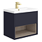 Arezzo Senza 600mm Matt Blue / Vicenza Oak Wall Hung Vanity Unit with Open Shelf + Ceramic Basin
