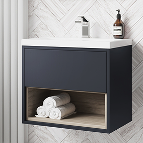 Arezzo Senza 600mm Matt Blue / Vicenza Oak Wall Hung Vanity Unit with Open Shelf + Ceramic Basin
