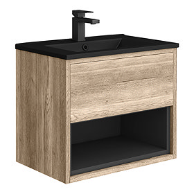 Arezzo Senza 600mm Rustic Oak / Matt Black Wall Hung Vanity Unit with Open Shelf + Matt Black Slimline Basin