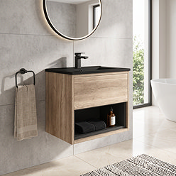 Arezzo Senza 600mm Rustic Oak / Matt Black Wall Hung Vanity Unit with Open Shelf + Matt Black Slimline Basin