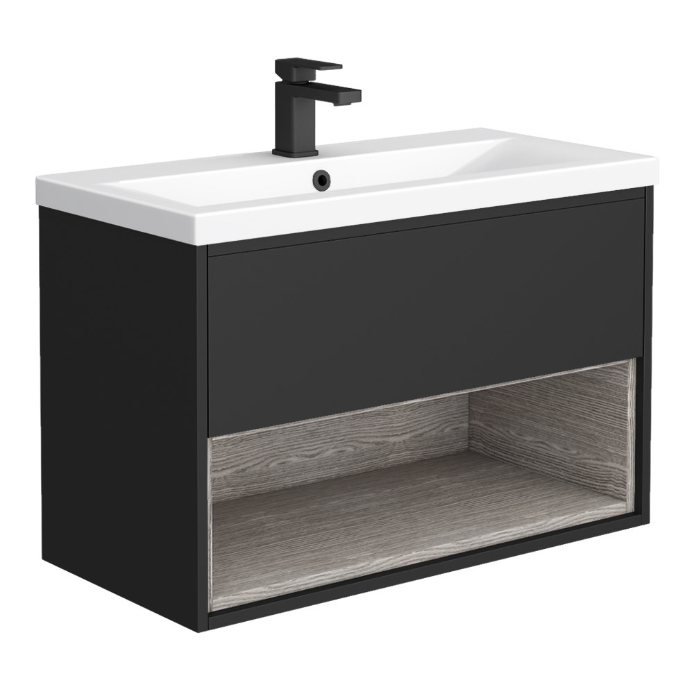 Arezzo Senza 800mm Matt Black Vicenza Oak Wall Hung Vanity Unit