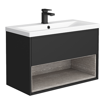 Arezzo Senza 800mm Matt Black / Vicenza Oak Wall Hung Vanity Unit with Open Shelf + Ceramic Basin  P