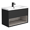 Arezzo Senza 800mm Matt Black / Vicenza Oak Wall Hung Vanity Unit with Open Shelf + Ceramic Basin