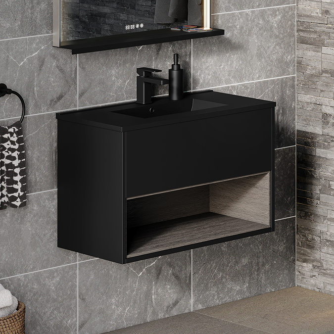 Arezzo Senza 800mm Matt Black / Vicenza Oak Wall Hung Vanity Unit with Open Shelf + Matt Black Slimline Basin