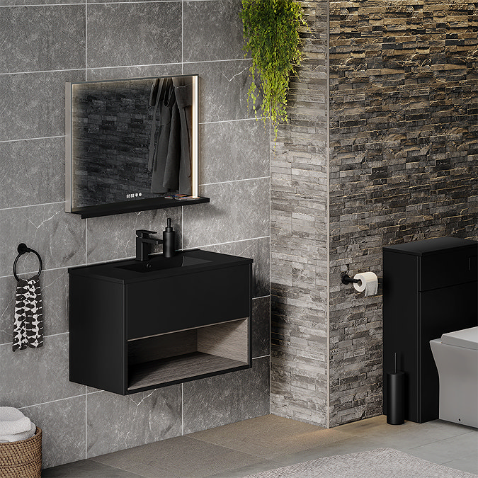 Arezzo Senza 800mm Matt Black / Vicenza Oak Wall Hung Vanity Unit with Open Shelf + Matt Black Slimline Basin