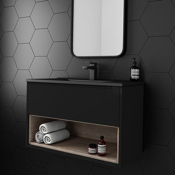 Arezzo Senza 800mm Matt Black / Vicenza Oak Wall Hung Vanity Unit with Open Shelf + Matt Black Slimline Basin