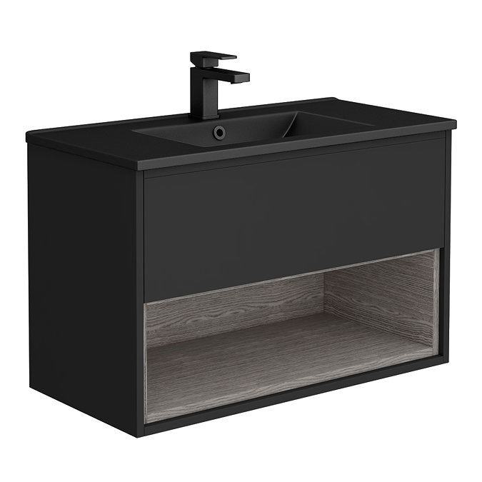 Arezzo Senza 800mm Matt Black / Vicenza Oak Wall Hung Vanity Unit with Open Shelf + Matt Black Slimline Basin