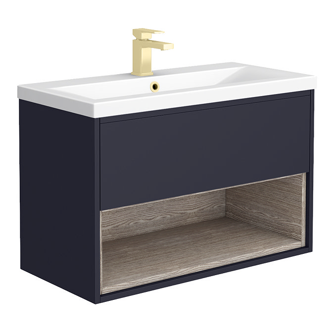 Arezzo Senza 800mm Matt Blue / Vicenza Oak Wall Hung Vanity Unit with Open Shelf + Ceramic Basin