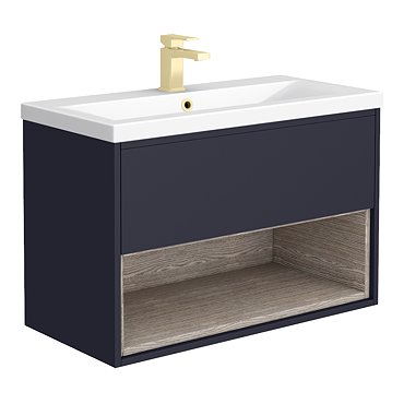 Arezzo Senza 800mm Matt Blue / Vicenza Oak Wall Hung Vanity Unit with Open Shelf + Ceramic Basin  Pr