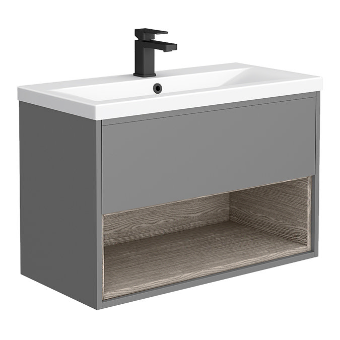 Arezzo Senza 800mm Matt Grey / Vicenza Oak Wall Hung Vanity Unit with Open Shelf + Ceramic Basin