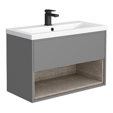 Arezzo Senza 800mm Matt Grey / Vicenza Oak Wall Hung Vanity Unit with Open Shelf + Ceramic Basin  Pr