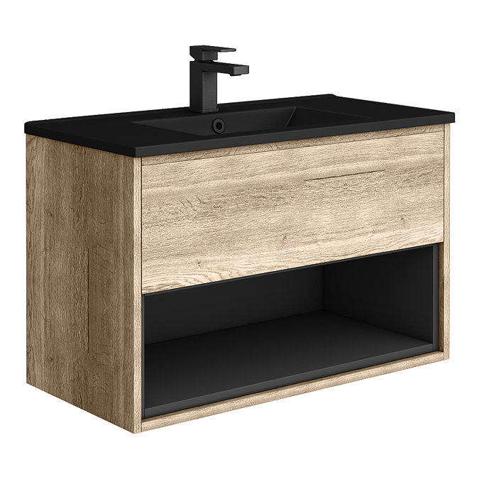 Arezzo Senza 800mm Rustic Oak / Matt Black Wall Hung Vanity Unit with Open Shelf + Matt Black Slimline Basin