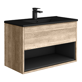 Arezzo Senza 800mm Rustic Oak / Matt Black Wall Hung Vanity Unit with Open Shelf + Matt Black Slimline Basin
