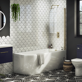 Arezzo RH Shower Bath (1700mm J Shaped with Brushed Brass Screen + Curved Panel) Large Image