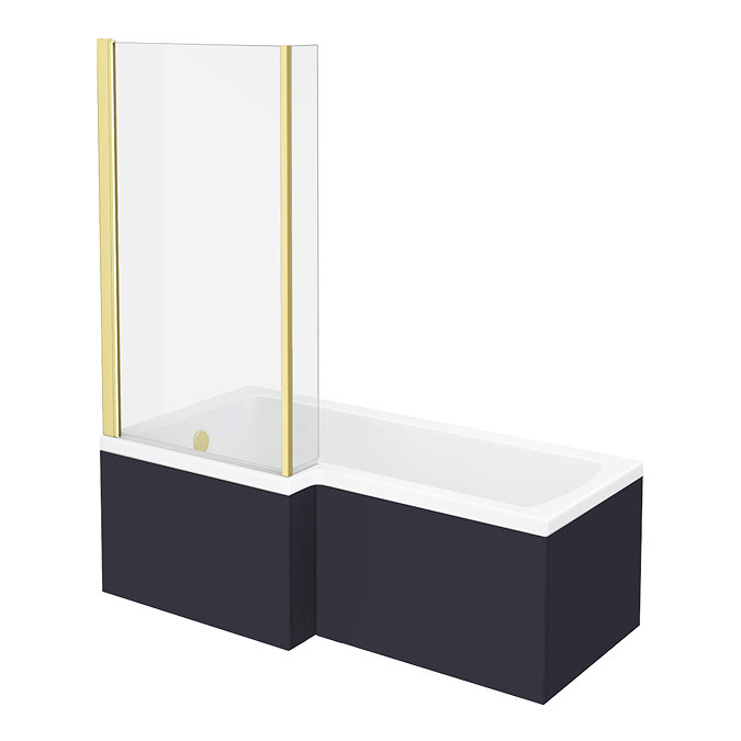 Arezzo Shower Bath - 1700mm L Shaped with Brushed Brass Screen + Matt Blue Panel Large Image