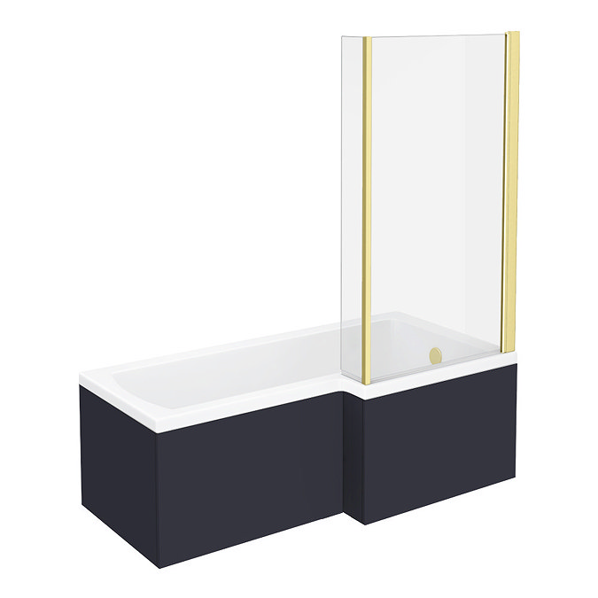 Arezzo RH Shower Bath - 1700mm L Shaped with Brushed Brass Screen + Matt Blue Panel Large Image