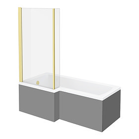 Arezzo Shower Bath - 1700mm L Shaped with Brushed Brass Screen + Matt Grey Panel Large Image