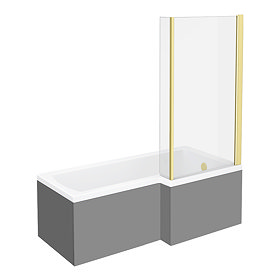 Arezzo RH Shower Bath - 1700mm L Shaped with Brushed Brass Screen + Matt Grey Panel Large Image