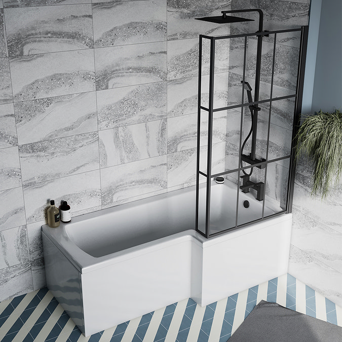 Arezzo Shower Bath - 1700mm L Shaped with Matt Black Grid Screen + Panel
