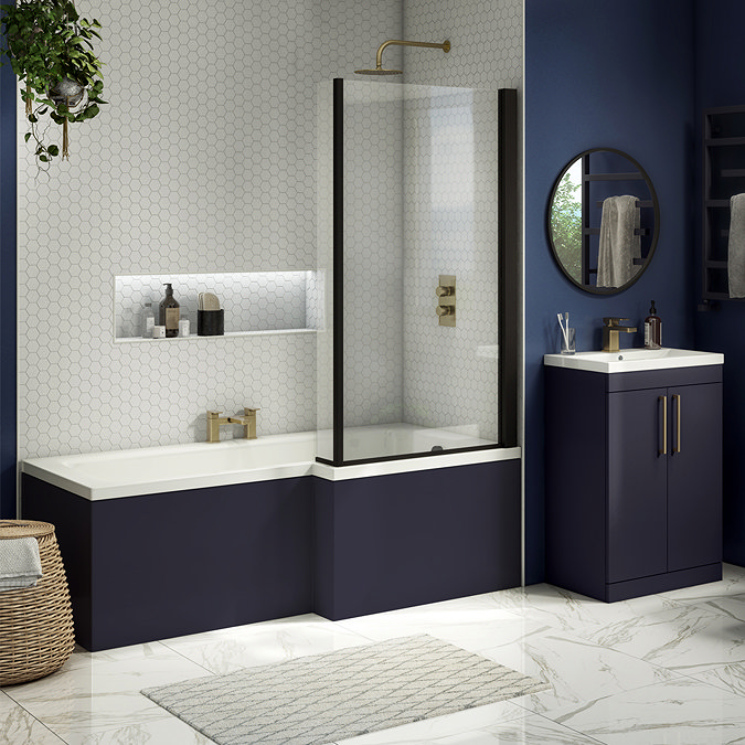 Arezzo Shower Bath - 1700mm L Shaped with Matt Black Screen + Matt Blue Panel Feature Large Image
