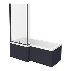 Arezzo Shower Bath - 1700mm L Shaped with Matt Black Screen + Matt Blue Panel