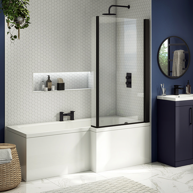 Arezzo Shower Bath - 1700mm L Shaped with Matt Black Screen + Panel  In Bathroom Large Image
