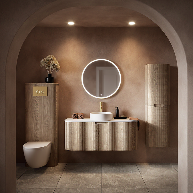 Arezzo Slatted 1200mm Light Oak Curved Wall Mounted Vanity with Round Matt White Basin
