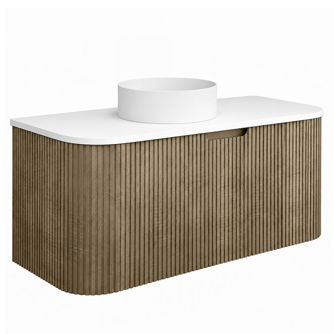Arezzo Slatted 1200mm Light Oak Curved Wall Mounted Vanity with Round Matt White Basin
