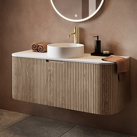 Arezzo Slatted 1200mm Light Oak Curved Wall Mounted Vanity with Round Matt White Basin
