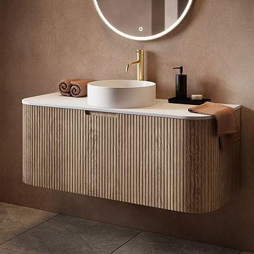 Arezzo Slatted 1200mm Light Oak Curved Wall Mounted Vanity with Round Matt White Basin