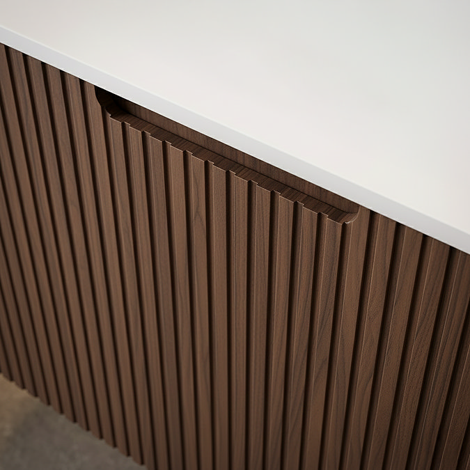 Arezzo Slatted 1200mm Walnut Curved Wall Mounted Vanity with Round Matt White Basin