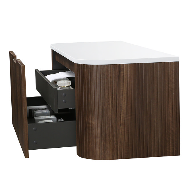 Arezzo Slatted 1200mm Walnut Curved Wall Mounted Vanity with Round Matt White Basin