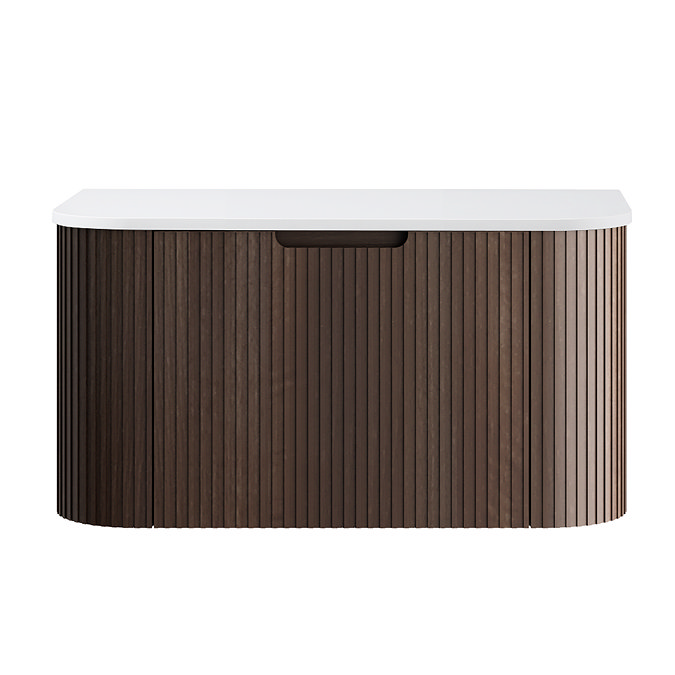 Arezzo Slatted 900mm Walnut Curved Wall Mounted Vanity with Round Matt White Basin